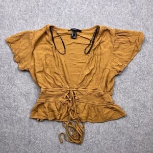 forever 21 brown wrap top ruffle hem short sleeve‎ small